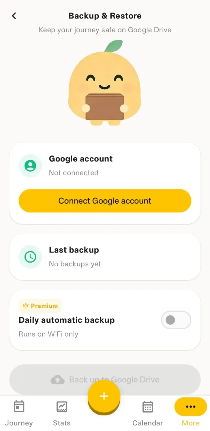 Screenshot of the backup settings where the user can backup and restore their data
