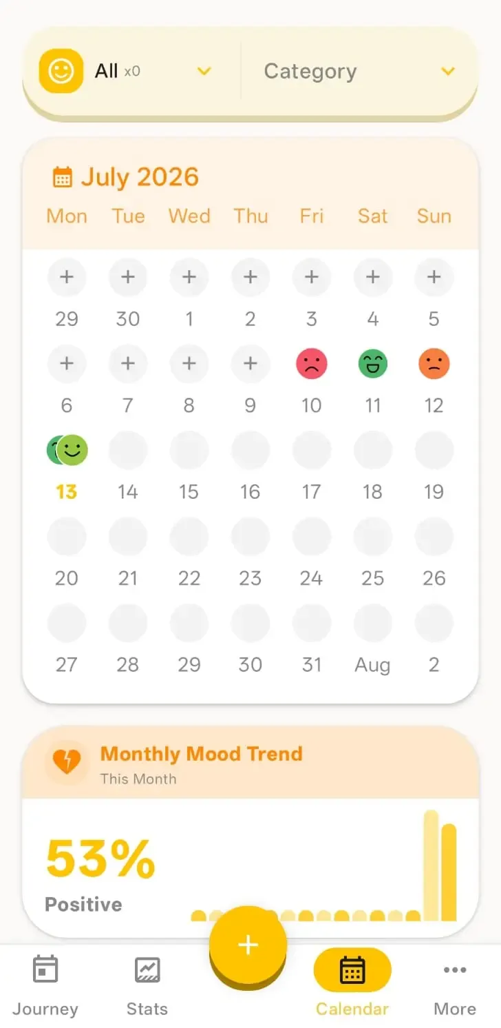 Screenshot of calendar view showing the user's mood for each day of the month