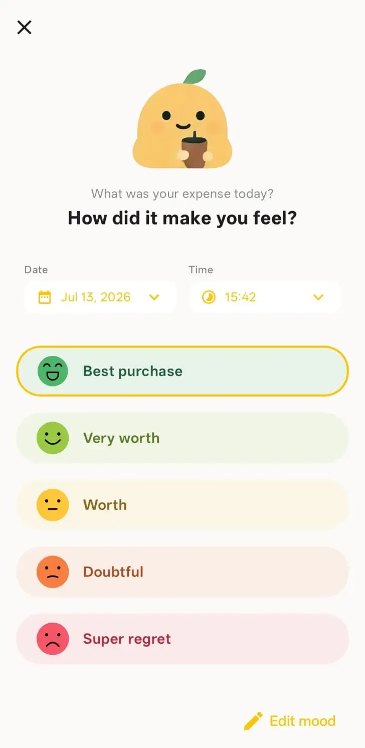 Screenshot of the first step in creating a journey where the user is prompted to pick date, time, and mood