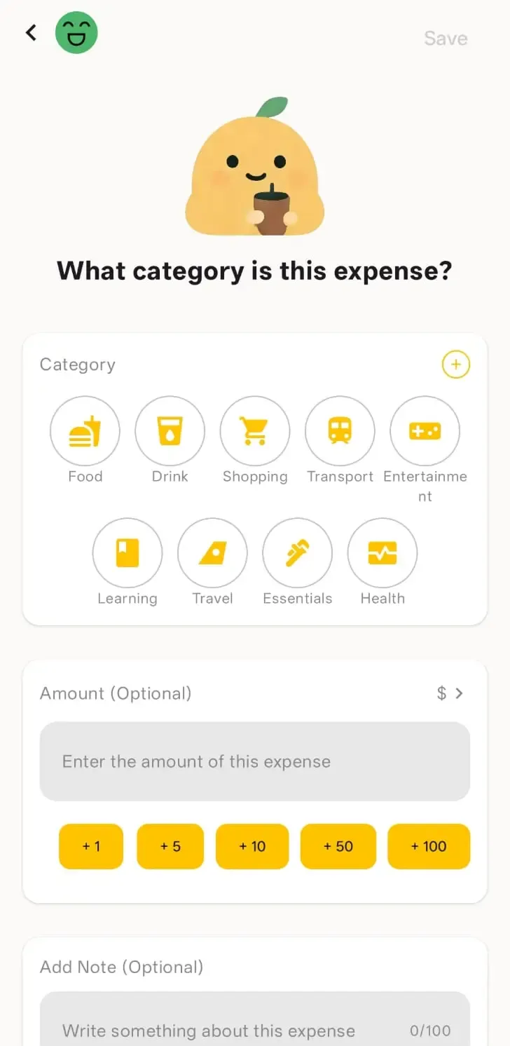 Screenshot of the second step in creating a journey where the user is prompted to pick a category and an optional amount