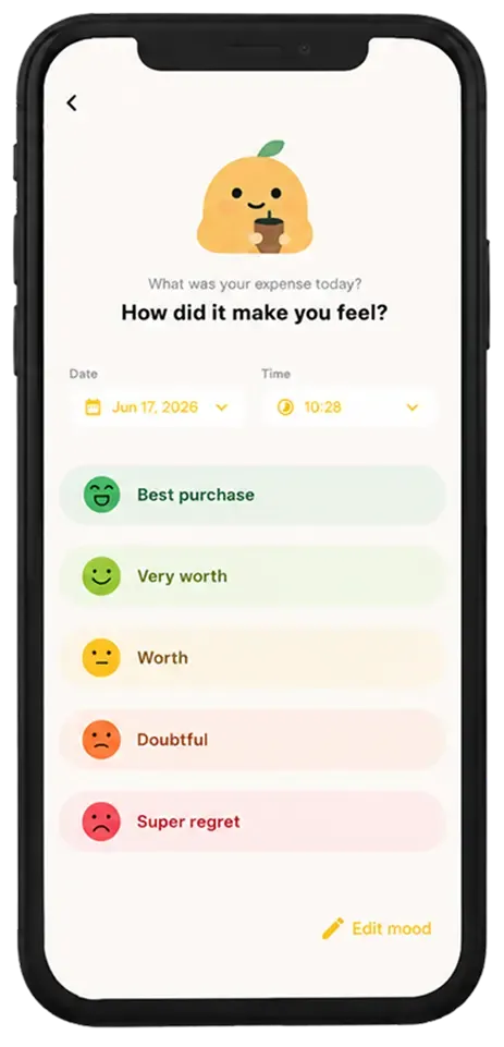 Worth app mood select screen for logging a spending