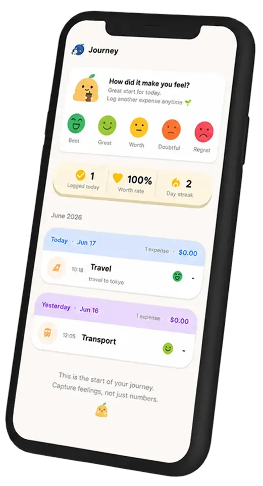 Worth app home screen with overview of spending, streaks, and quick logging feature