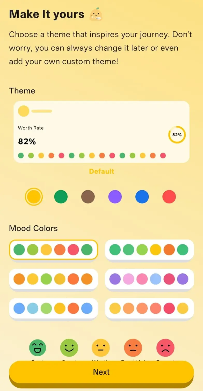 Screenshot of the custom theme settings where the user can pick a theme color and mood colors