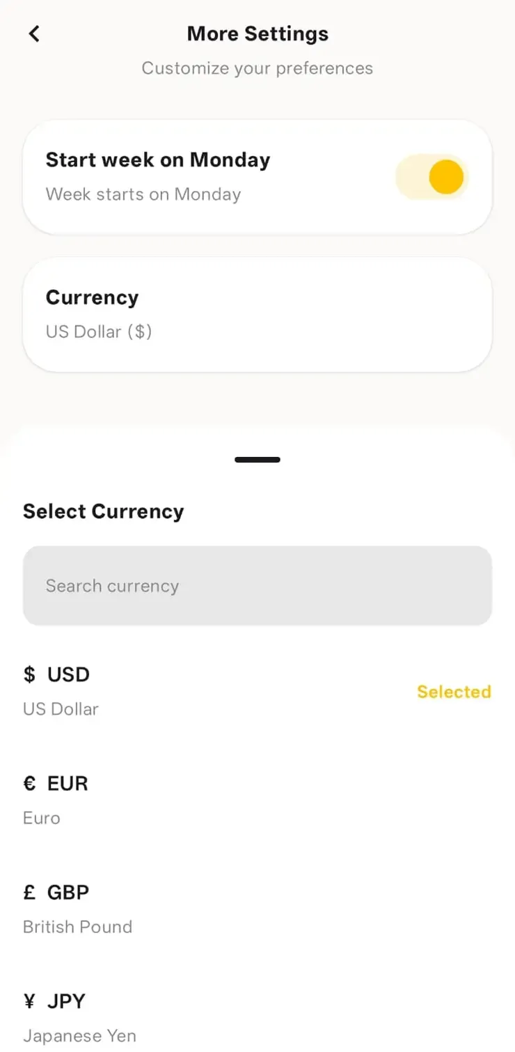 Screenshot of the more settings page where the user can customize the currency and start of week